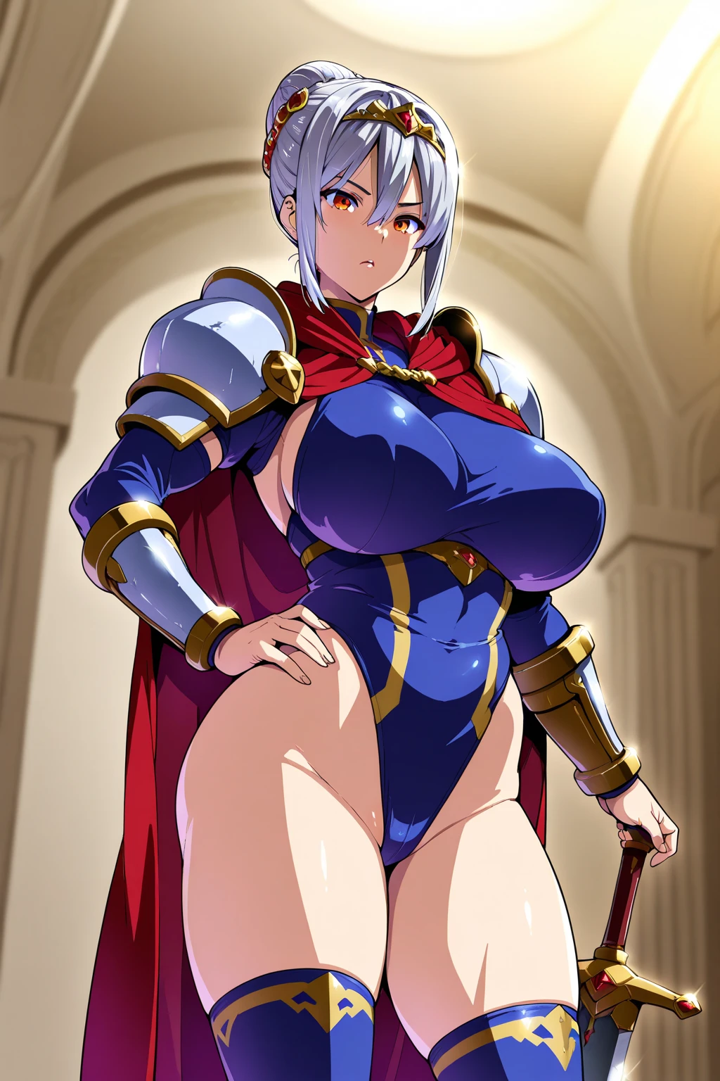 extremely long hair , ponytail, perfect anatomy 1 girl tall solo, slim thick, ((muscular)) high elf toned body, silver breast plate, blue cape, slendered abs, hourglass waist, detailed face, defined cheekbones, puffy lips, gauntlets, gold crown, shadow over eyes, looking at viewer, masterpiece, white thigh highs lingerie, high heels