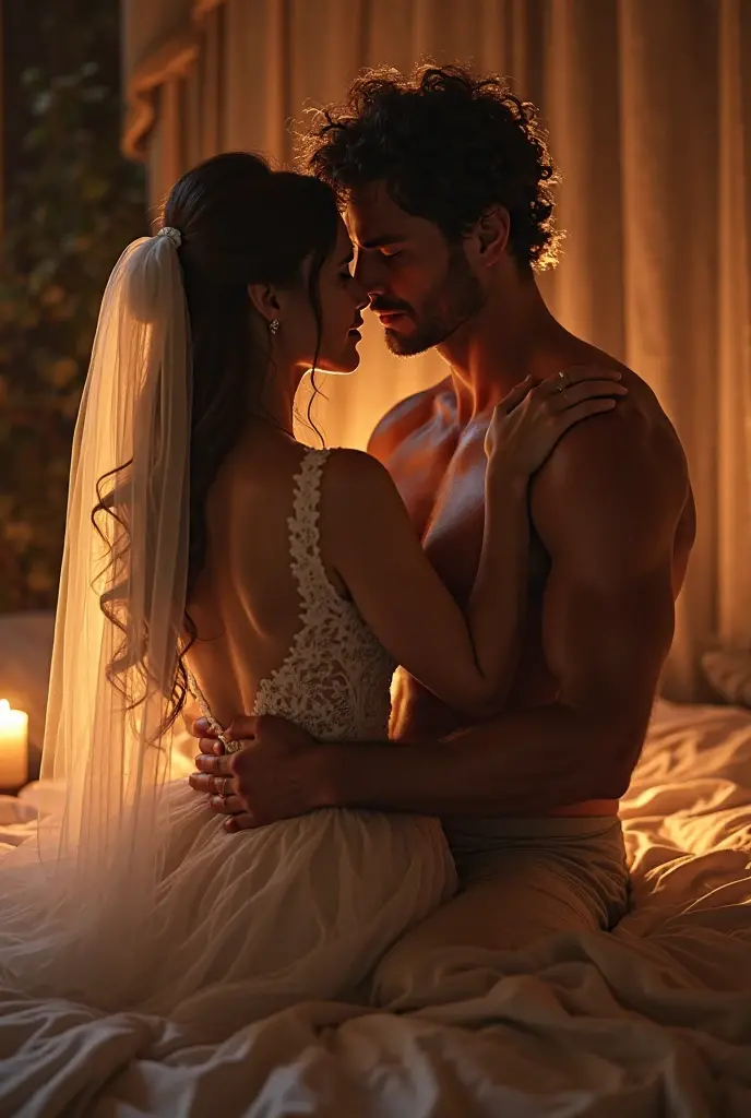 couple hugging each other kissing sweaty with an expression of pleasure on a bed in formal clothes looking at each other, portrait style, dark environment