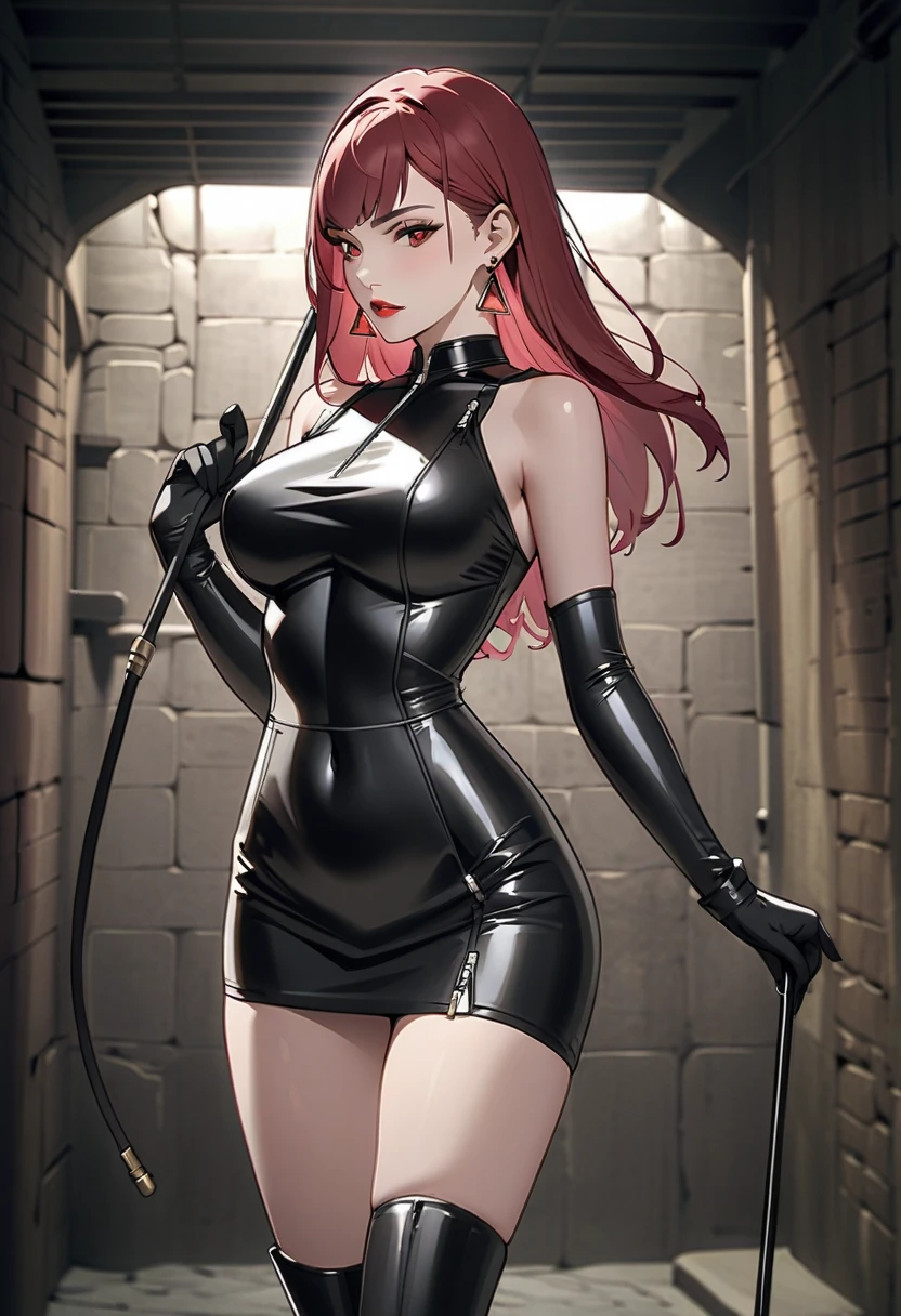 slim body, only tight leather clothes, domina leather clothes, small girl, sitting on a throne, sitting on a armchair full body, ass, red-pinkish hair, green eyes, medium big breasts, holding a riding crop, dominant seductive facial expression, leather miniskirt