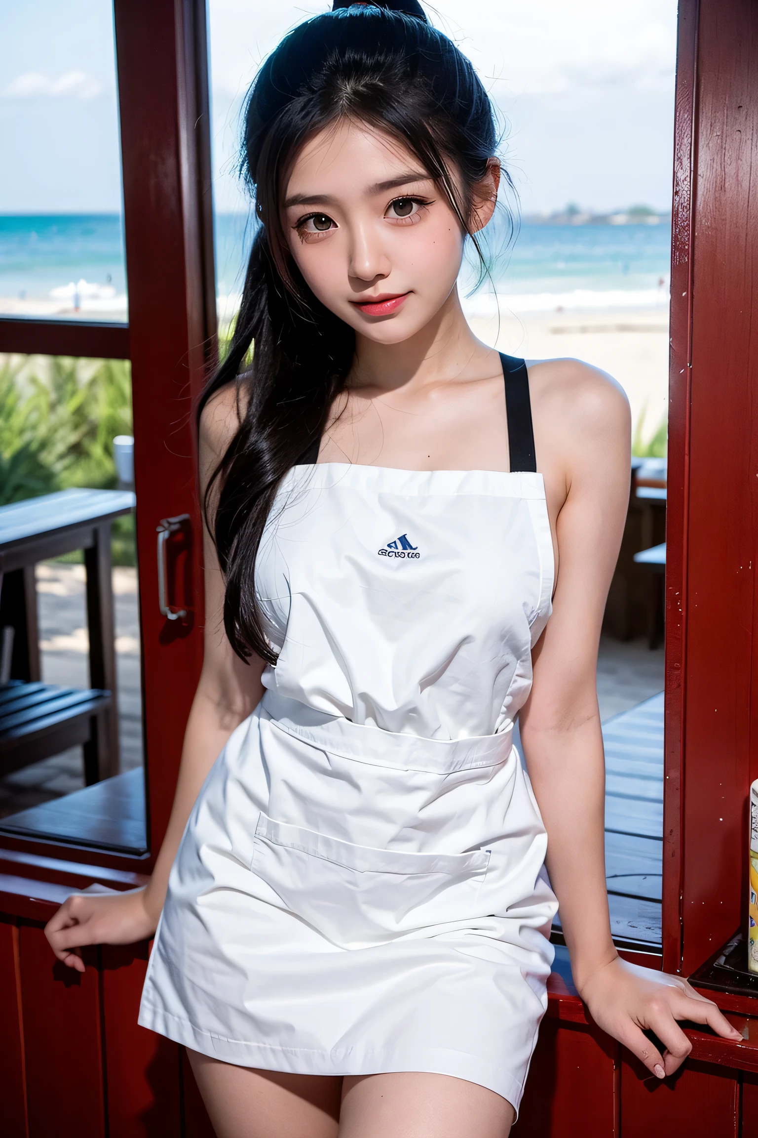 ((top quality, 8k, masterpiece: 1.3)), 1 beautiful Japan girls, beauties with slender abs: 1.3, (medium short hair, big: 1.2), (white naked apron: 1.3), ultra-detailed face, detailed eyes, double eyelids, café background, leaning forward, hands on knees,