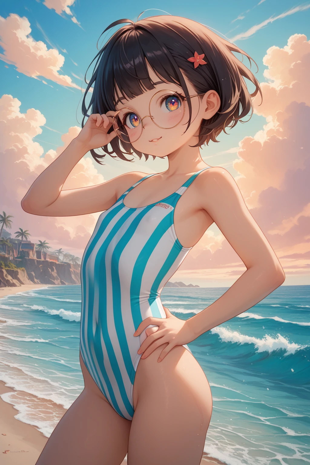 girl、solo、、swimsuit one piece、seductive pose、smile、beach、Playing with the waves on the beach、