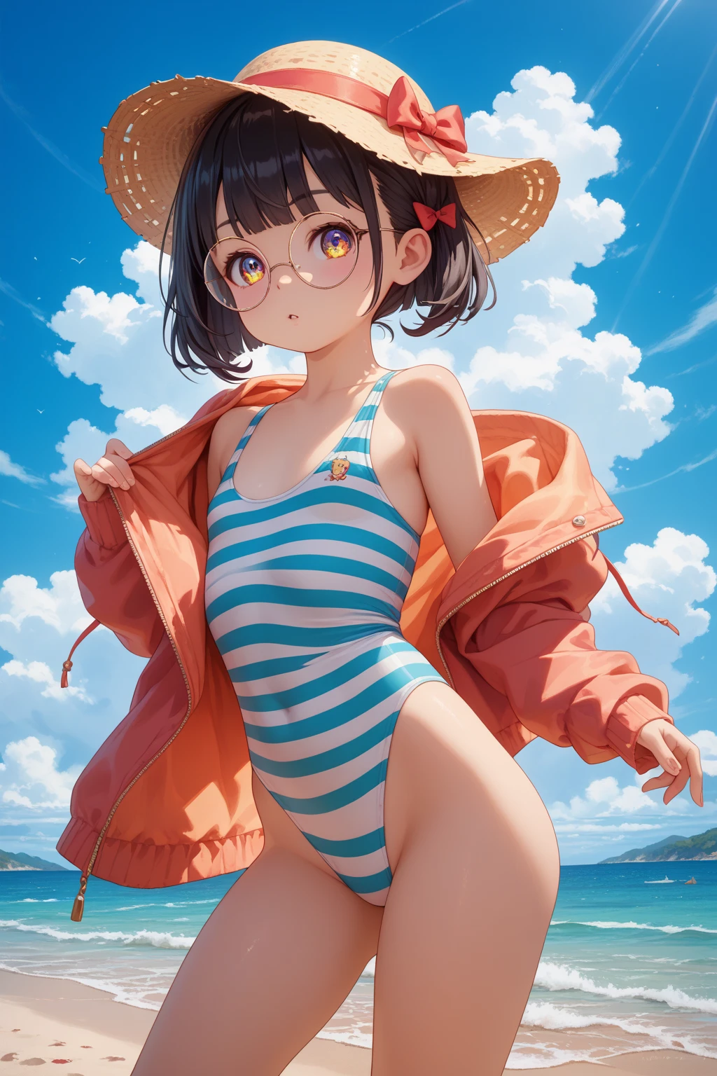 NSFW,(One girl:1.5),subaru_bikini、Striped bikini、Ribbon Hairband、Two-tone jacket、barefoot,(Perfect hands),(Perfect Anatomy),(masterpiece),(highest quality),Embarrassed,blush