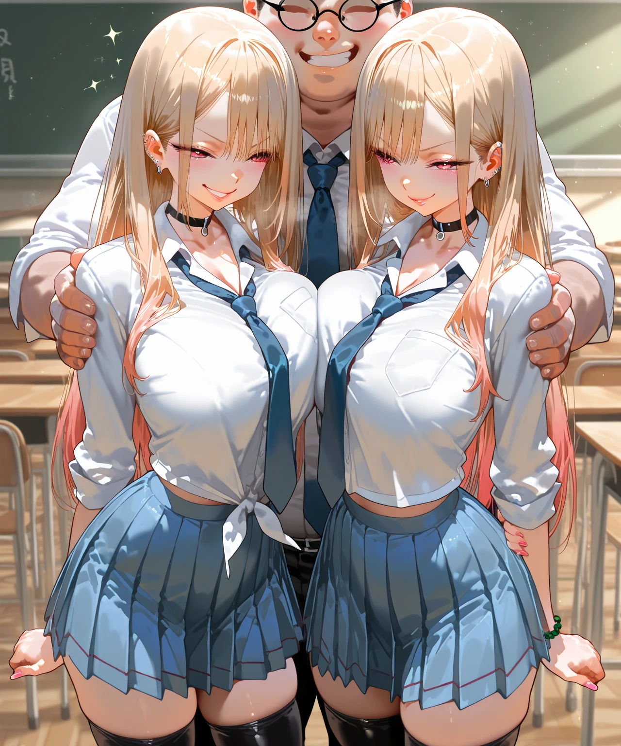 masterpiece, Highest quality, High Resolution, HS1,blush、smile,NSFW、Big Breasts、classroom、blouse、tie、Braid、Grab the skirt