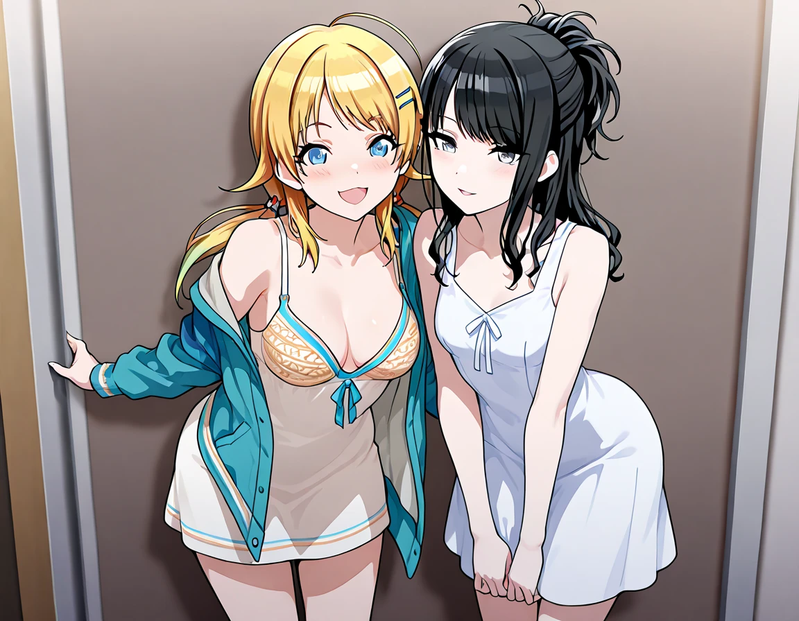 realistic, 2girls, ((selfie)), brown eyes, body close together, looking up, cleavage emphasis, cleavage enhancement, mouth wide open, smiling, face extra large zoom, sitting on bed, sexy, (bare shoulders), (covered nipples), (camisole), (lace-trimmed), (shorts), (dolphin shorts)