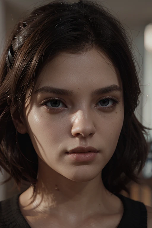 girl with very fluffy curly hair below her shoulders, test brunette brown eyes, full lips medium eyebrows 