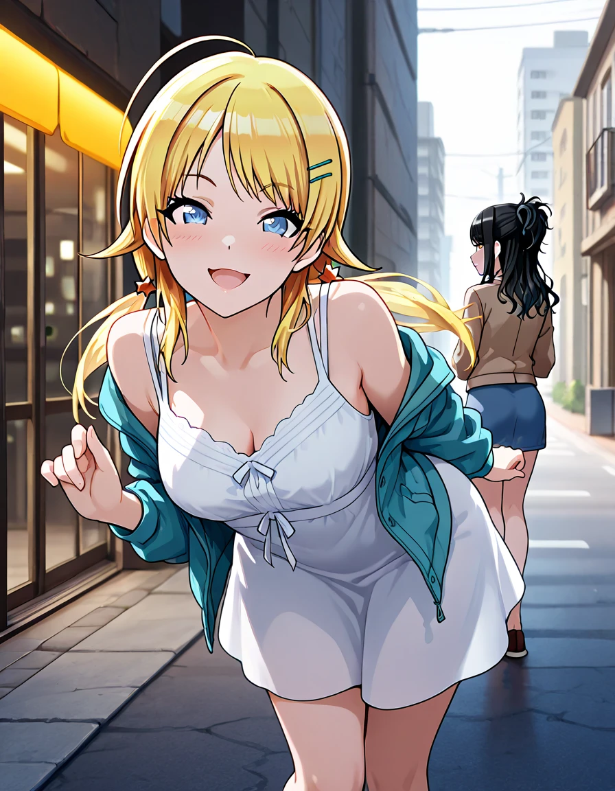 igawa,see through nipples,medium breasts,bouncing breasts,Blonde hair,bob cuts, Purple eyes,(frilly dress,Miniskirt,Delicate decoration gorgeous bra:1.2),(Skin glittering with sweat:1.1), Outdoors,Sunlight, spotlight effect,Bright sky, Blue sky with clouds,strong breeze, (School Background),(hight resolution, High quality:1.1), Intricate details, Cinematic lighting, 1girl in,(red blush,angry),(Gorgeous Necklaces,Jewelry, 手链),(remoteプレイ:1.2), remote_vibrating, (Someone else's hand holding a button:1.4)、