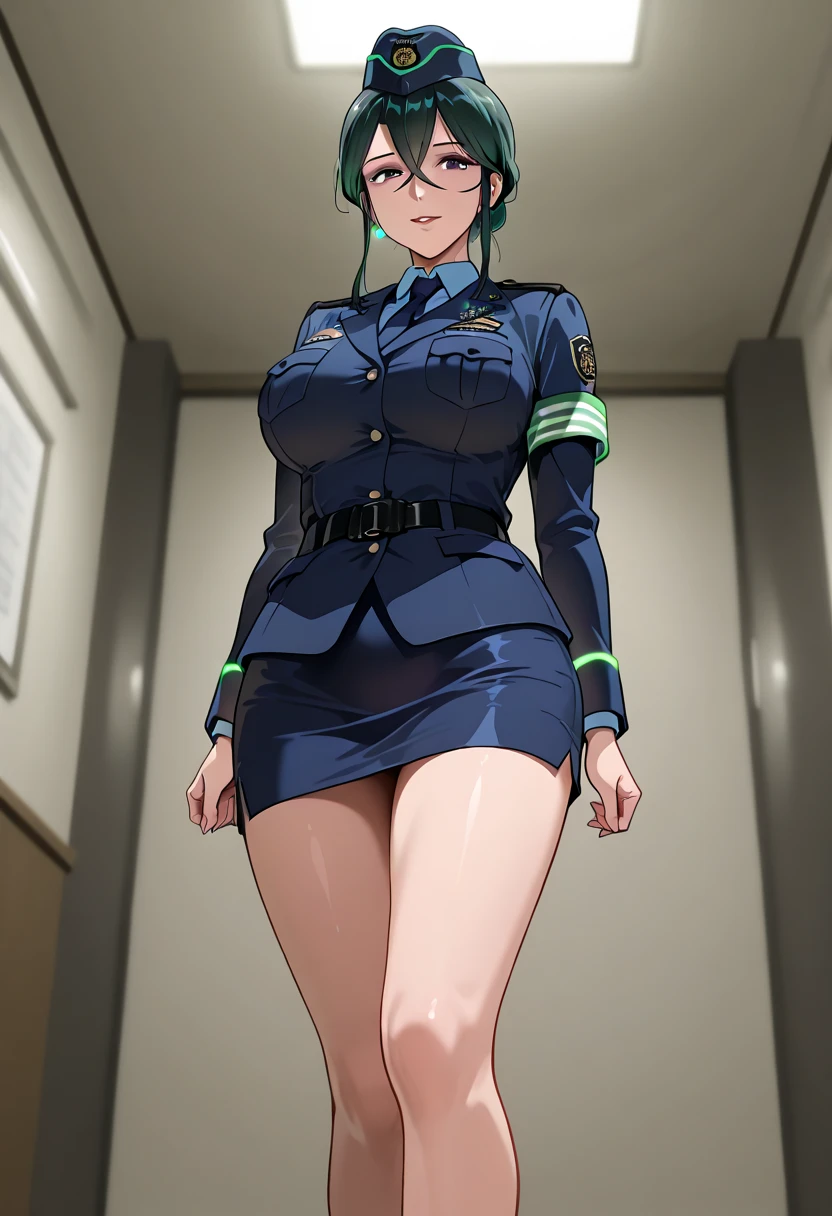 score_9_up, score_8_up, score_7_up, 1girl, solo, mature female, Maki, green ponytail hair, yellow eyes, glasses, pink lips, parted lips, fit slim body, perfect medium erected breast, (((imperial officer outfit))), dark grey living room, looking at the viewer, perfect model body, standing in seductive pose