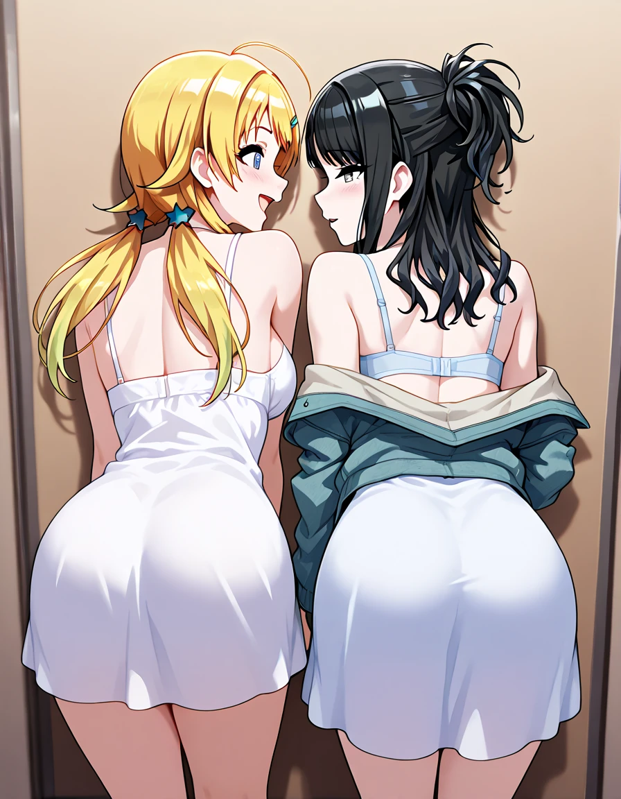 (obra maestra de mejor calidad: 1.2) 8k (estilo de manga shoujo detallado: 1.4) 2 young girls, hermosas, absurdas, yuri, serafuku, contacto visual, Sunset lighting in the school window,nude,