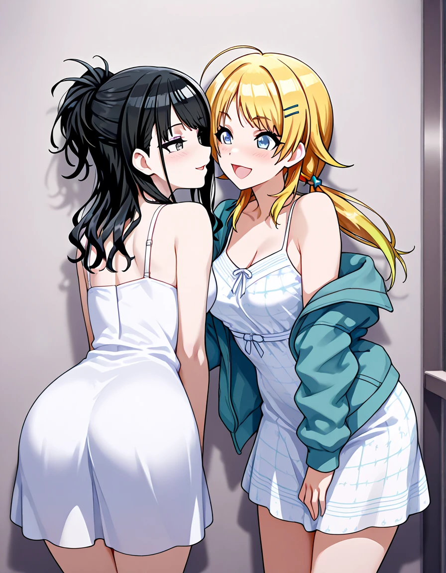 Two women, two women doggy style. Yamanaka Ino, blond hair, long hair, naked, doggy style, medium glutes, medium breasts, small nippless, Pussy dripping, smiling face, on the bed, bedroom, Back. Mikasa Ackerman, teen, black hair, long hair, naked, doggy style, medium glutes, small breasts, small nippless, Pussy dripping, fingering pussy, face of joy, on the bed, bedroom. sunrise
