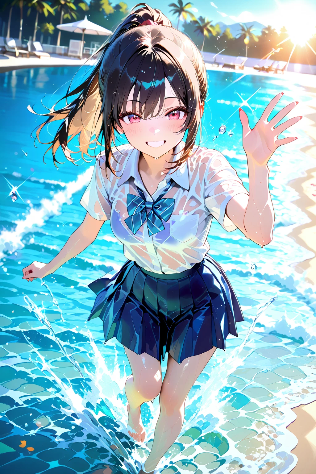 ultra-detailed:1.3, ultra delicate and detailed face:1.3, (absurdres, texture, masterpiece), cowboy shot, vibrant colors and pose, pixiv contest winner, by Posuka Demizu, dynamic manga-style illustration of slender girl frolicking innocently in the sea in the middle of summer, the T-shirt over her bikini wet and transparent, scooping up water with both hands and pouring it all over the viewer, the sparkling brightness and vitality of midsummer. The girl's charming smile is impressive.