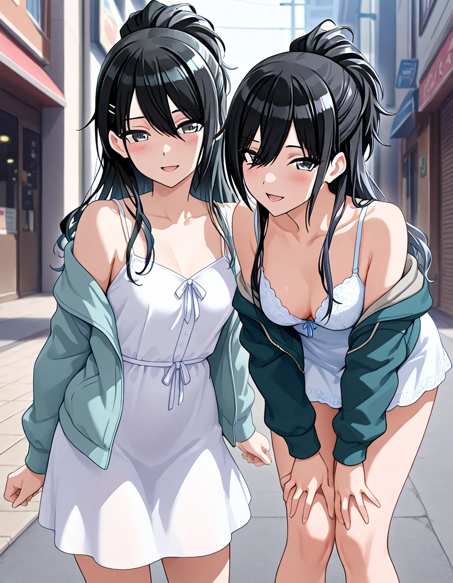 Milf, Two people, Portrait, 40years old, happy face, Japanese, Skinny, side view, estrangement, easy jumps, bathing suit, Transparent clothes, purple hair, white colored hair, hair bun, messy  hair, straight hair, suntanned skin, oiled skin, Dark fair skin, big breasts, Busty thighs, jail, Foggy, cinematiclight, (style of makoto shinkai), the anime