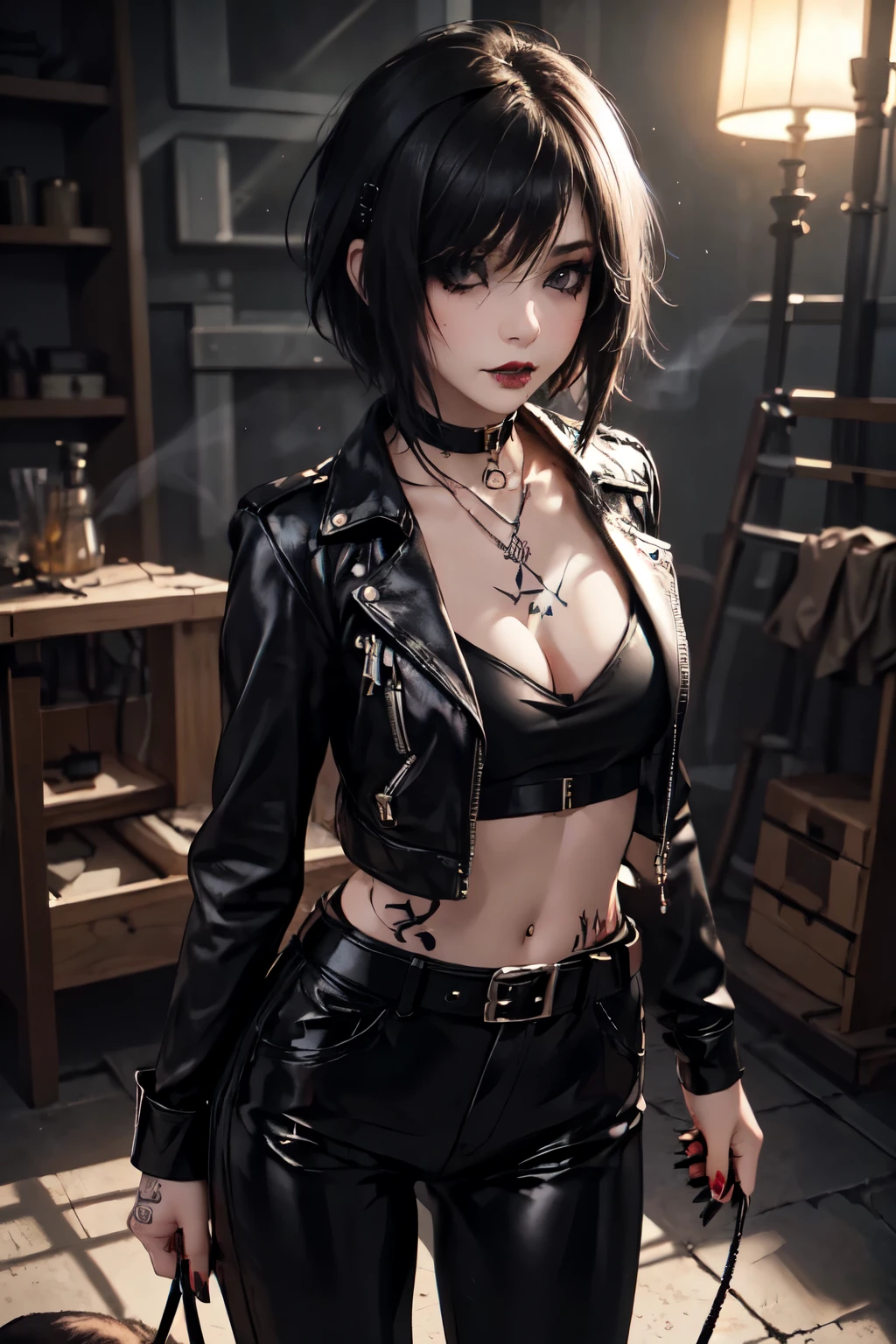 1Girl, woman, emo_hairstyle, black lipstick, dog collar, eyeliner, eye shadow, smoky eyes, realistic lighting, short hair, standing up, low waisted pants, open clothes, cleavage, jeans, belt, bra, long coat.