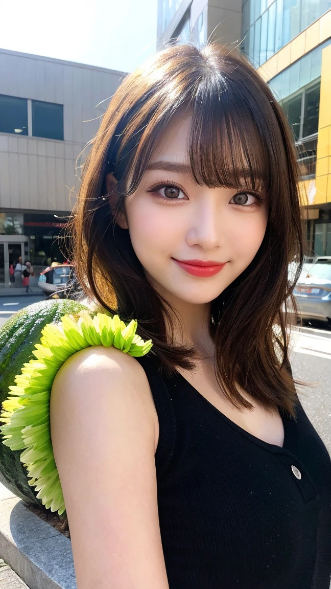 a woman posing on the street corner with yellow dress on, best quality, high res, 8k, 1girl, (huge breasts), day, bright, outdoor, (street:0.8), (people, crowds:1), (lace-trimmed dress:1.5, yellow clothes:1.5, yellow high-neck dress:1.5, sleeveless dress, yellow dress: 1.5), gorgeous, (forehead, medium hair, ponytail), beautiful detailed sky, beautiful earrings, (dynamic pose:0.8), (upper body:1.2), soft lighting, wind, shiny skin, looking at viewer, smile, open mouth, <lora:JAV_Toko_N_v1.0:0.65>