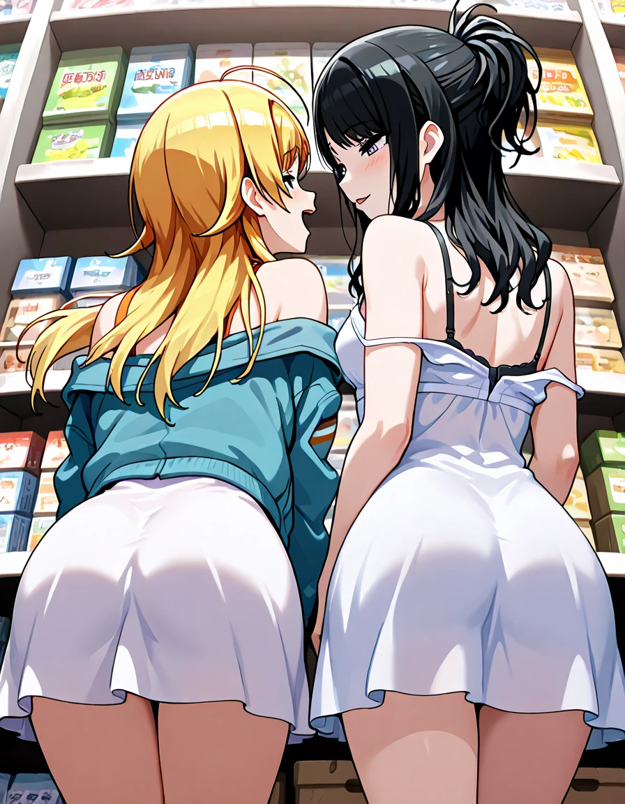 (masterpiece:1.37), best quality, (extremely detailed:1.37), 2girls, kiss, yuri, woman, (mature:1.5), (adult:1.5), large breasts, very long hair, (straight hair:1.5), dark purple hair, blonde hair, purple eyes, blue eyes, (extremely detailed eyes:1.37), topless, jeans, desperation, (wetting self:1.5), standing, embarrassed, humiliation, blushing, angry, city, futuristic, neon lighting, high-tech, street, skyscraper, NSFW, (hand in pants:2.0)