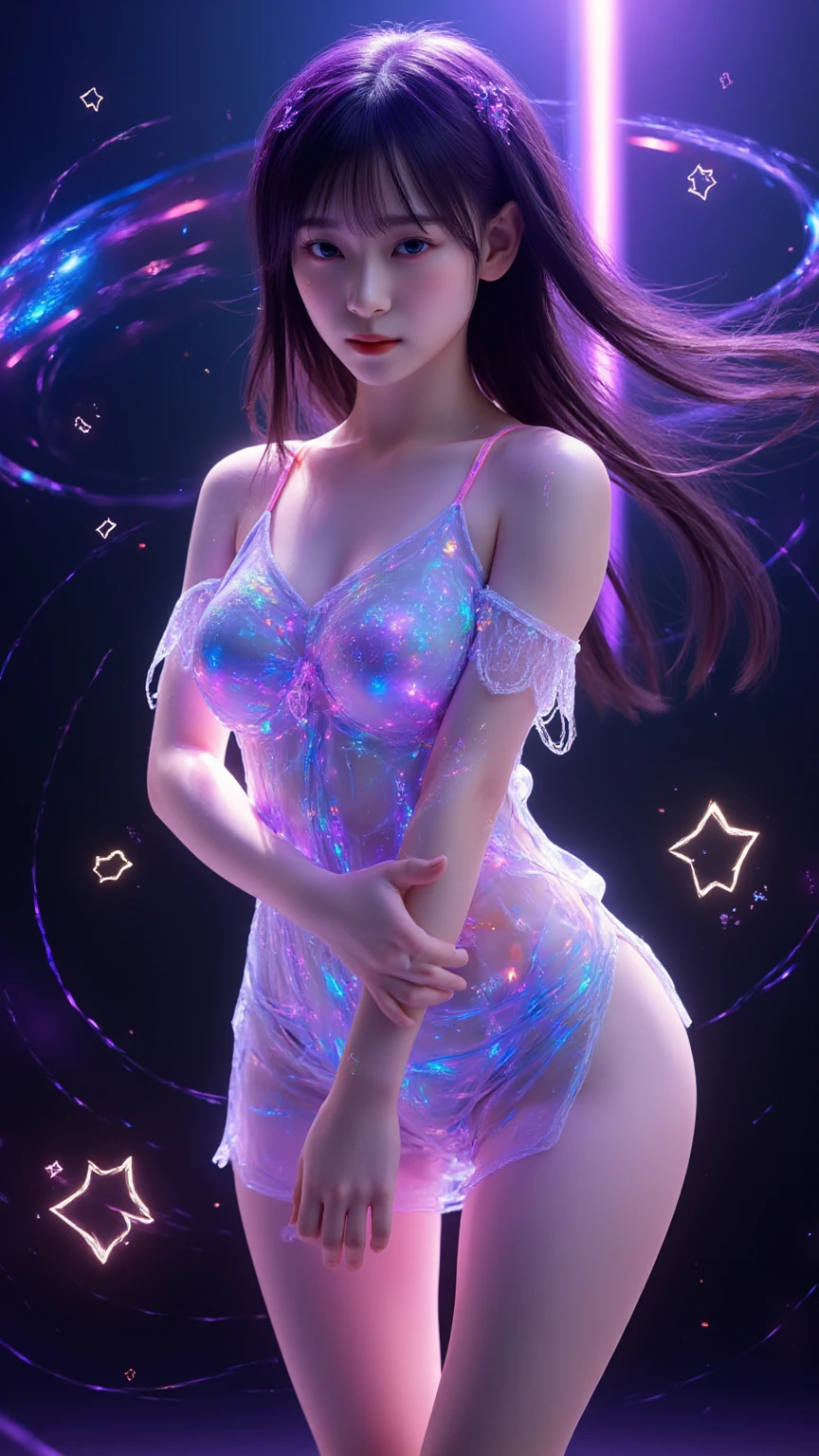 (masterpiece), (best quality),( detailed background, best lighting) ,((1girl)), (bioluminescent dress), purple hair, pink eyes,  blush, medium breast, braided bangs, wavy ponytail, shiny skin,backlighting, (((caustics lighting))), hands behind head, nude breast, nipples, evil smile, ((topless)), front, looking at viewer, from the front, full body, beach. weater