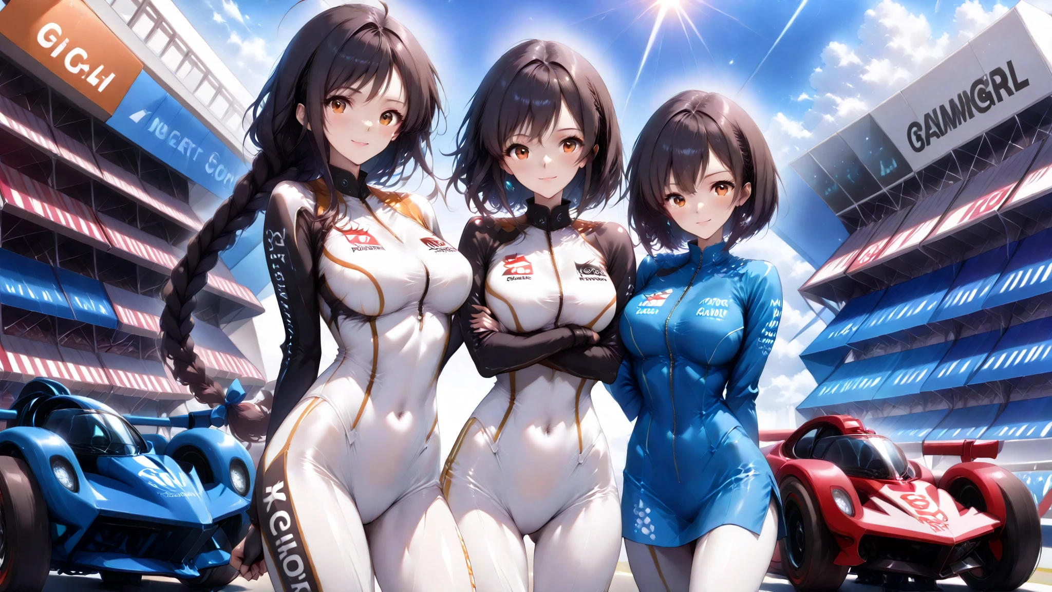 (masterpiece, best quality: 1.2), pretty girl, 18 yo, (white, race queen), (fight-fitting grid girl outfit with sponsor's logo printed:1.3), tight-fitting high leg leotard, long-sleeve latex leotard, medium breasts, cowboy shot, looking at viewer,
 short hair, 