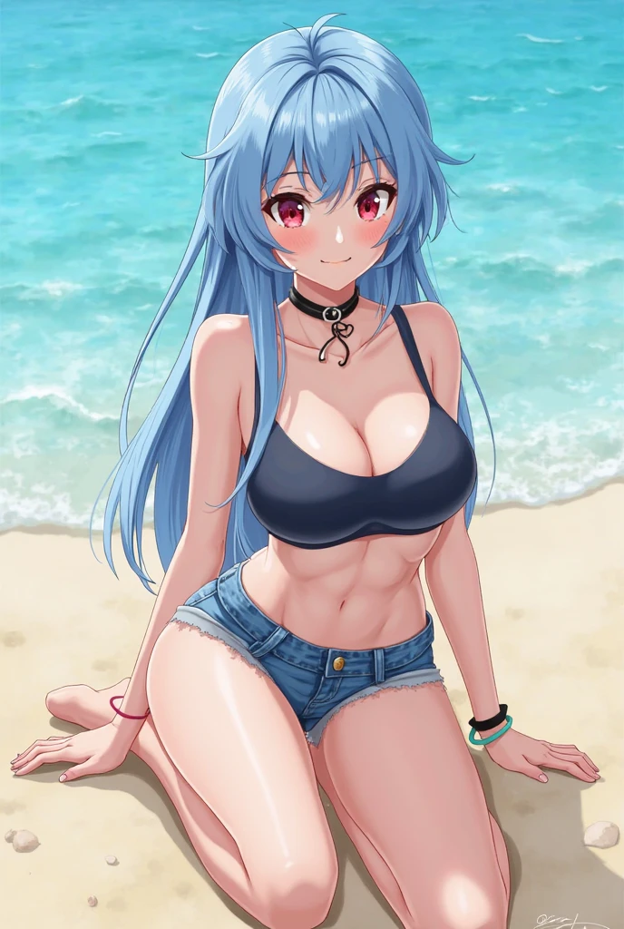 Juvia Lockser, 25 year old woman. wavy blue hair, blue eyes, big breasts, mischievous smile, Bikini , background a tropical beach. WET BODY.