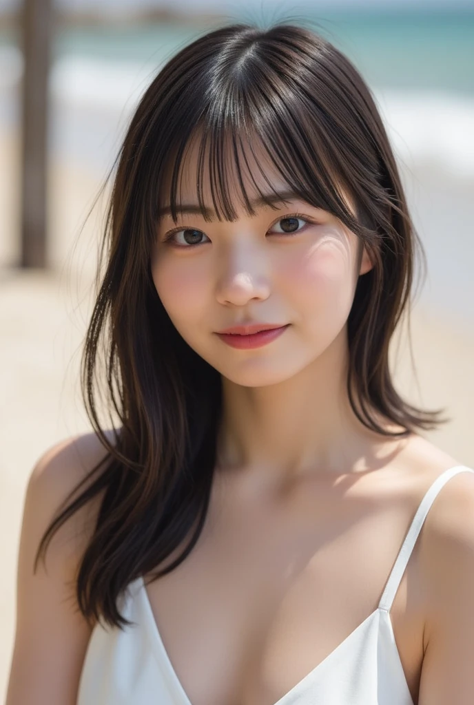 8k, highest quality, masterpiece, super high resolution, (realistic:1.4), RAW Photos, (Film Grain:1.3), One Girl, portrait of a skinny Japanese woman, 30 years old, standing on the beach, a cute face, detailed face, detailed eyes, {short|long} hair, correct body anatomy, wearing swimsuit, photogravure