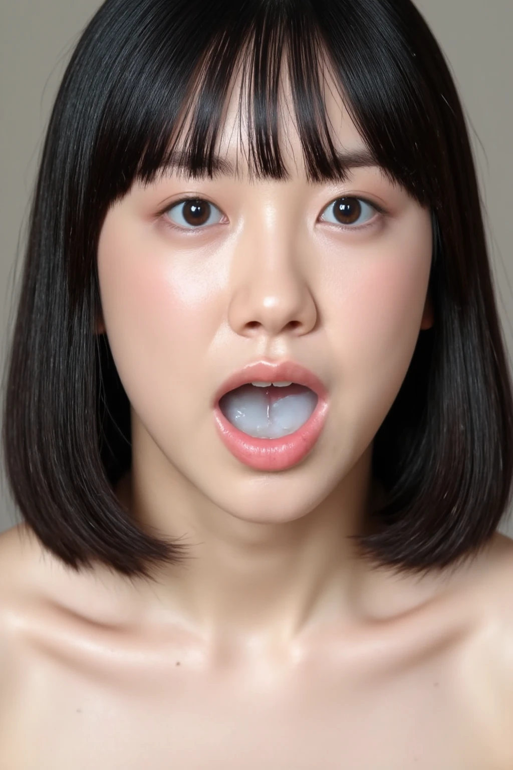 high resolution photo.   Japanese woman with her mouth wide open. intense intense  is over、immediately , I have a lot of dark white  in my mouth. I don't know what to do with a large amount of dark white  in my mouth、I smile happily while opening my mouth wide and showing a large amount of white semen.very detailed, Ultra-high precision, １６Ｋ, wet hair with lots of white , shortcuts from elbow to wrist, 
high quality,   Aheface, drool, Backstreet  in a favela at night