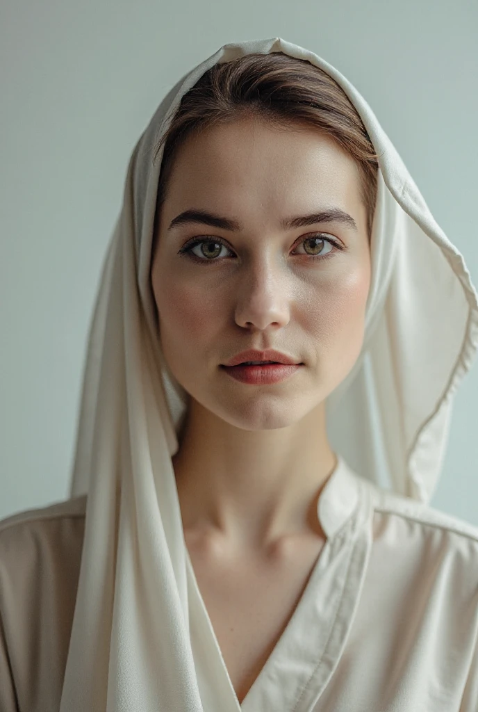 full body shot, 55mm canon lens, volumetric lighting, Fujifilm XT3 lens, upper body portrait, a young teenager from Northern Europe, 27 years old, serious, cute face, hijab, albino skin, black eyebrow, very light brown hair, ponytail haircut, wearing jenas pants and shirt, background of a cardio machine in the gym, signs, neon, cold night, High resolution image, detailed texture, realistic depth of field, High quality photo, 8K UHD, DSLR, High quality, Fujifilm XT3, Korn, awards winning