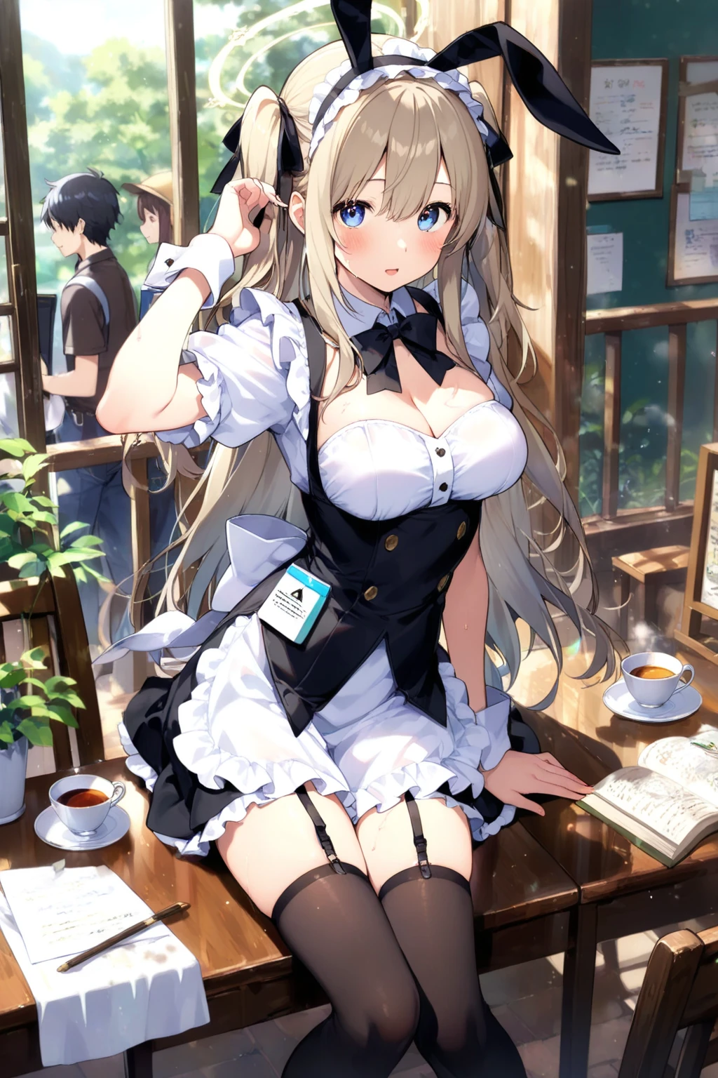 最high quality、Best image quality、masterpiece、With a girl((18-year-old、Maid clothes、Large Breasts、blonde、Long Hair、blue eyes、Open your chest wide、valley、happiness、Black wristband on wrist、thin、ear nipple ring、The wind is blowing,Drinking coffee、Close to the audience、Face-to-face with your audience、Please sit down、Wink)）high quality、Visual Arts、With background((coffee shop、Counter seats、coffee maker))、table(menu、Coffee cup Coffee cup、Sugar Bottle、milk),tableトップ、