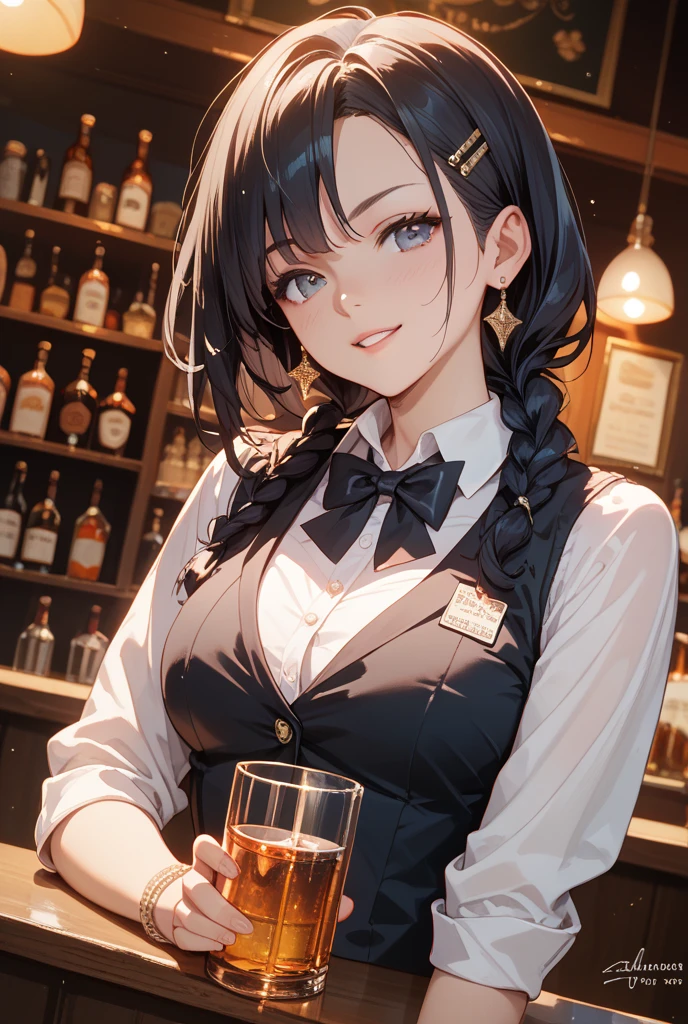 (high quality, 8k, 4k, high contrast, masterpiece:1.2, 最high quality, better aesthetics), ((1 female)), bar, liquor bottle, bartender, behind counter, Beautiful and detailed eyes and face., , real skin glitter, pretty girl, black vest, strait black tie, lagavulin 16y bottle, luxury label, atmospheric lighting, dark color palette, long black hair, black hair, ((sexy)), 27years old, small head