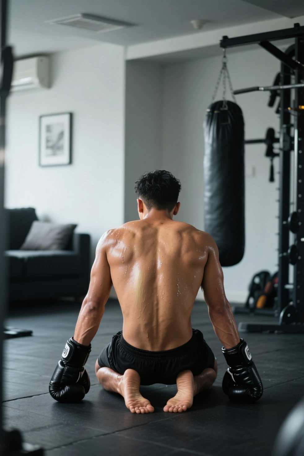 40 years old，Hidetoshi Nakata，（Kogoro Mori 1.3），Oriental face，whole body，Lean，muscle，office，Kneeling，black，foot，White socks，Baldhead ，transparent，Thick body hair，underwear，Topless，Densely hairy，Fortitude，HD，With a mustache