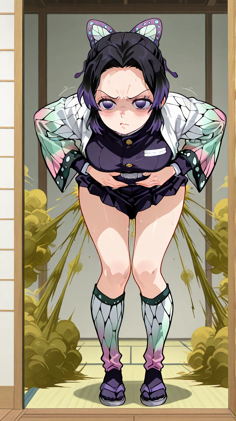 (NSFE), EFT_Shinobu, 1girl, kochou shinobu, demon slayer uniform, butterfly hair ornament, solo, hair ornament, purple hair, multicolored hair, purple eyes, black hair, gradient hair, short hair, sheath, (full body view), long sleeves, empty eyes, parted bangs, jacket, no pupils, bangs, thick thighs, hourglass figure, half naked, Looking at the viewer with seductive eyess, exposed breasts, hard nipples, exposed vagina, best quality, highres, bbyorf, large breasts, off shoulder, black stockings, short skirt, long sleeves, no panties, outdoors,