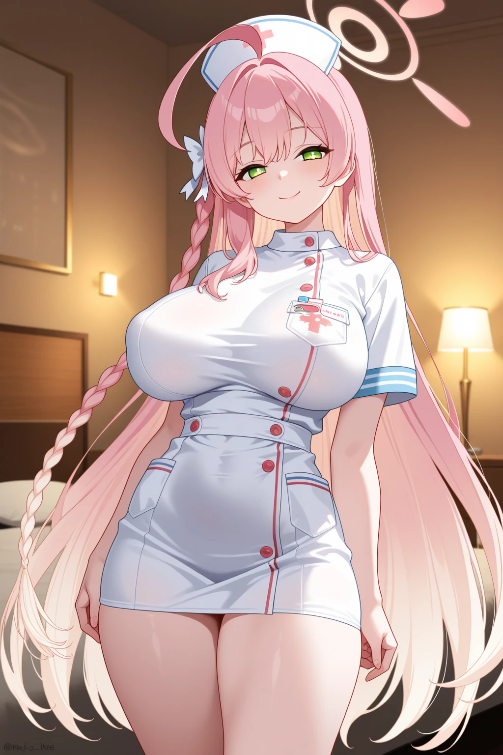 ((masterpiece、Highest quality、Super detailed)、((One girl))、((Pink Hair))、((Twin tails))、((Light blue eyes))、evil smile、((Grin))、((lots of piercings))、((Very large breasts))、Nurse cap、((nurse))、((white pencilskirt))、kneeling、On the bed、Hospital room background
