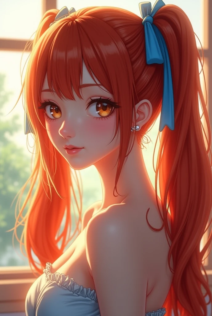 An anime drawing of a beautiful gorgeous sexy woman with redish braided hair