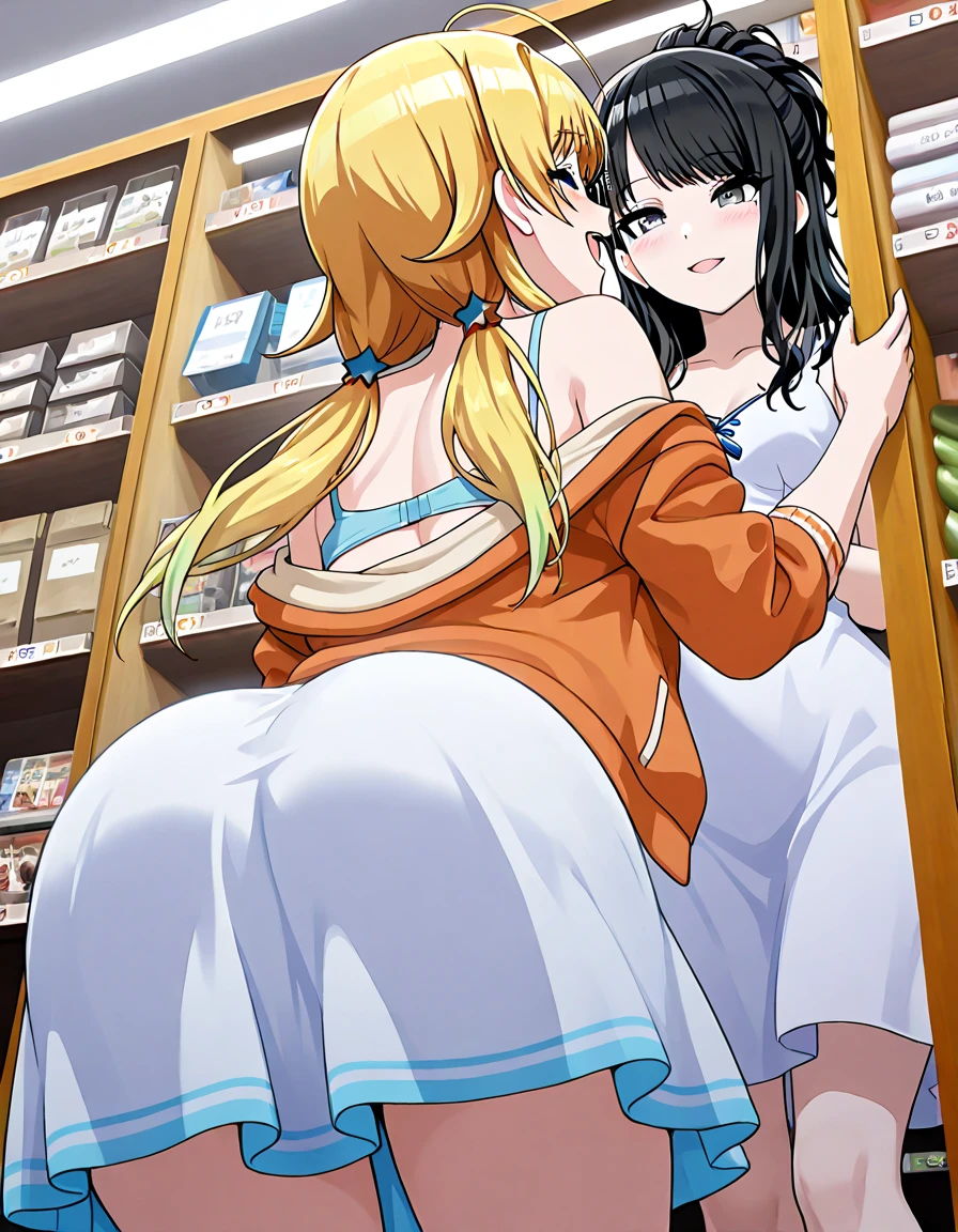 {masterpiece:2}, best quality, high quality, best quality, ultra high res, real picture, intricate details, beautiful detailed, finely detailed, perfect anatomy, detailed shoujo manga style, (best quality masterpiece:1), 2girls, beautiful, yuri, lesbian, lesbian sex, naked, nude, {{{dark blue black hair, curly long hair, cool smile, blue eyes}}}, {{{deep yellow blond, long striaght yellow hair, pretty smile, yellow eye}}}