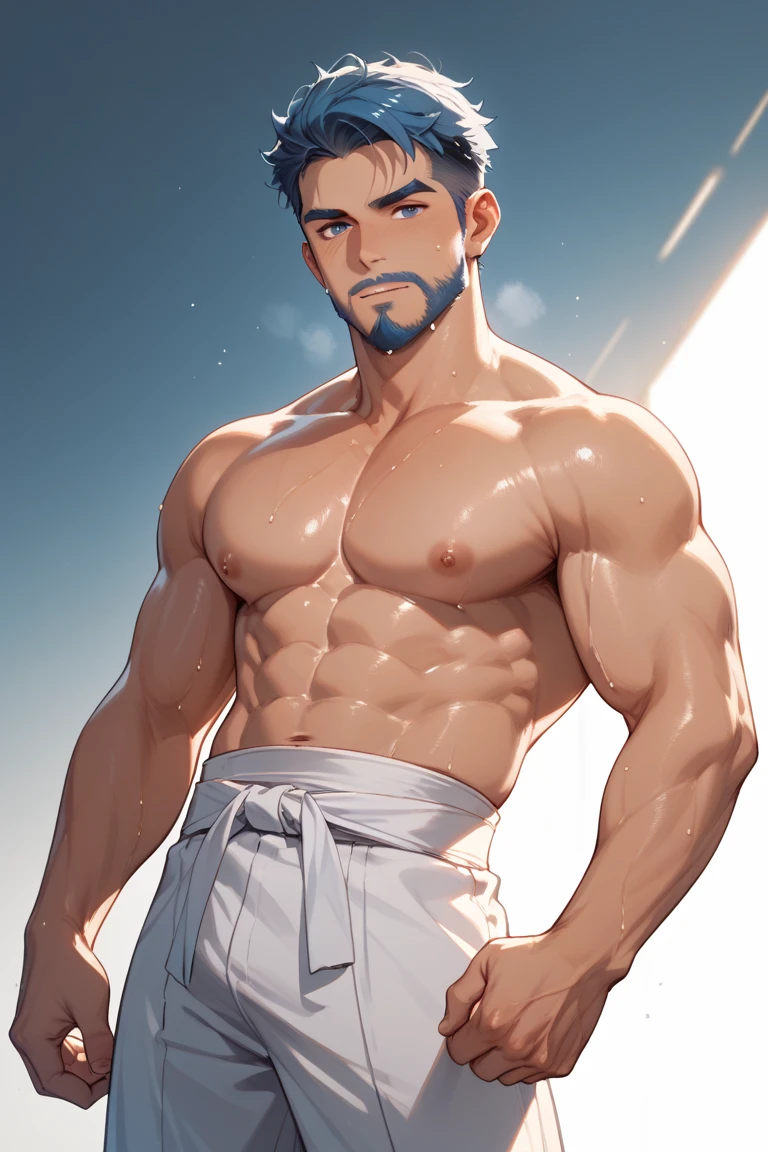 a close up of a man in wet white pants standing in a pool, exaggerated muscle physique, ripped, muscular body, muscular men, sexy muscular body, muscular male, bodybuilder body, perfect muscle structure, white skirt and barechest, bodybuilder physique, shredded, muscular bodies, muscular man, wearing a towel, very fit and extremely muscular