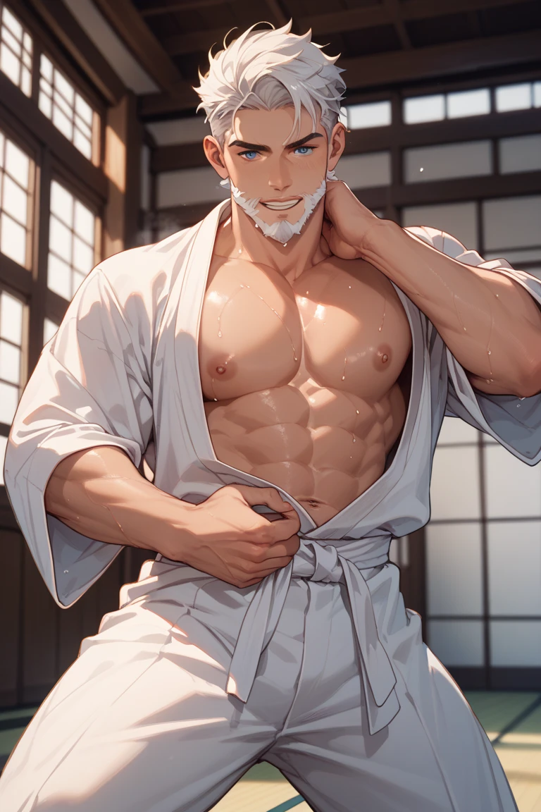 Gentlemanly 45 year old man standing 30 years、((buzzcut))、((asian human))、((Emphasis on the crotch))、((short-haired))、((white  hair))、((traditional Japanese room))、((Chest hair))、((Upper body naked))、((Lower body is sexy underwear))、((natta))、((a little fat))、((a handsome))、Body and head straight in the photo、DSRL、Facing the viewer of the photo、The eye fixed on the lens is、((fullbody image))、Man in the center of the photo、8k、top-quality、​masterpiece、Realistic and realistic photos、Movie Photos、A hyper-realistic、1人、detaileds、Perfect litthing、 DSRL、professional photograpy、4k wet tight bulging speed trunk、