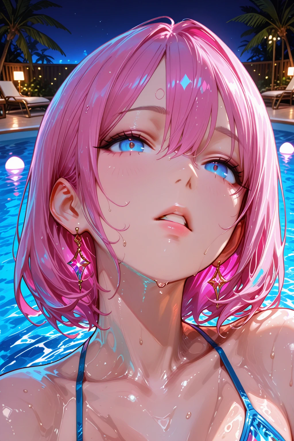 (1 girl),(Best Picture Quality, 8K, Masterpiece:1.3), (18year:1.5), ((pink lob hair:1.1)), (bob cut),(swept bangs), (cute eyes, pupil black, iris skyblue, youthful face), (mole under right eye), (standard weight), (small breasts), (glistening skin:1.1),(pale skin:1.2), (poolside), ((off shoulder lace up pink dress)),((straw hat)),(wet:1.1).