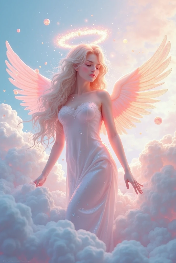 sky view image depicting a gorgeous angel laying down on a fluffy cloud. She has pale white skin, crystal blue eyes, glossy round softly open pink lips, soft pink hair. She is wearing white and gold robes. Her chest is covered by golden jewelry and pink roses. Her gaze depicts her in a daydreaming state