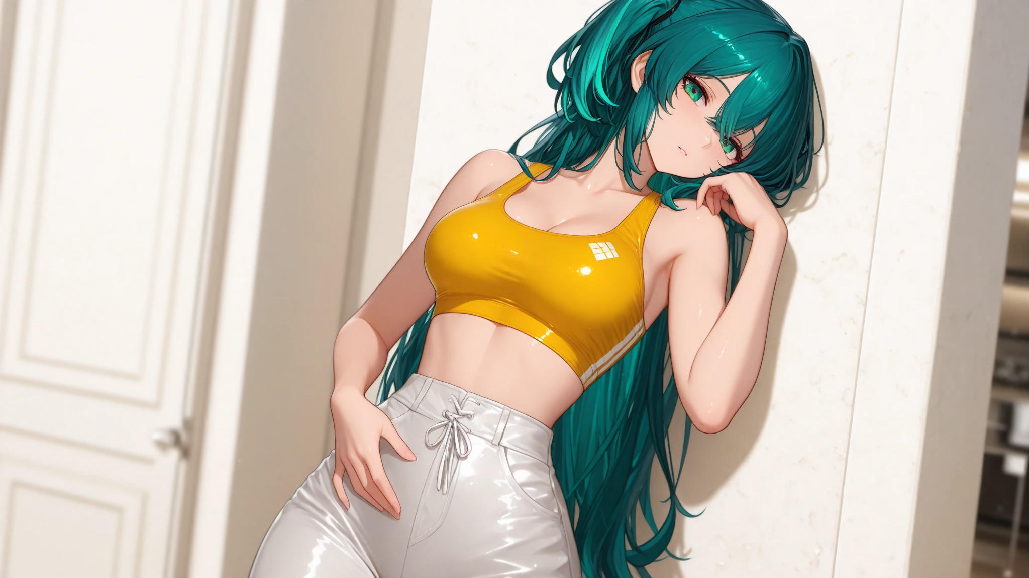 lum invader, detailed, realitsa, (bikini:.8), yellow clothes, masterpiece, best quality, hires, open mouth, tusk, ultra-detailed, multicolored eyes, beautiful eyes, detailed face, beautiful girl, big chest, blushing, (from four:.4) looking back, (emphasis on ass:.8)