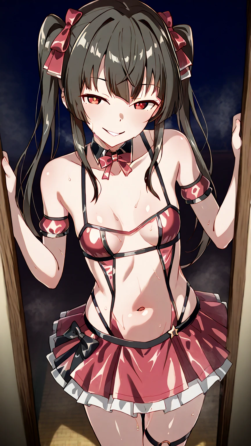 score_9, score_8_up, score_7_up, source_anime, kurumitokisaki, kurumi tokisaki, black hair, red eyes, long hair, twintails, yellow eyes, hairband, heterochromia, dress unbuttoned, red dress unbuttoned, bare shoulders, collarbone, choker, bowtie, red bowtie, detached sleeves, corset unbuttoned, frills, cleavage unbuttoned,sitting,legs open, looking at viewer, cowboy shot, dutch angle,showing naked breasts, medium large breasts, showing naked breasts ,naked breasts nipples,semi naked,loli,(cowboy photo: 1)