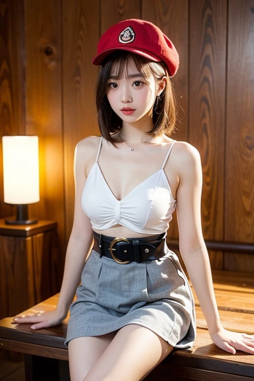 Beautiful asian woman,25 age old,Medium to long brown hair,Wear gold round glasses,Dressed in a white suspender,The button is open and the lower half is exposed,Impeccable,Wear white shorts,One hand up,Flat belly that leaks below the belly button