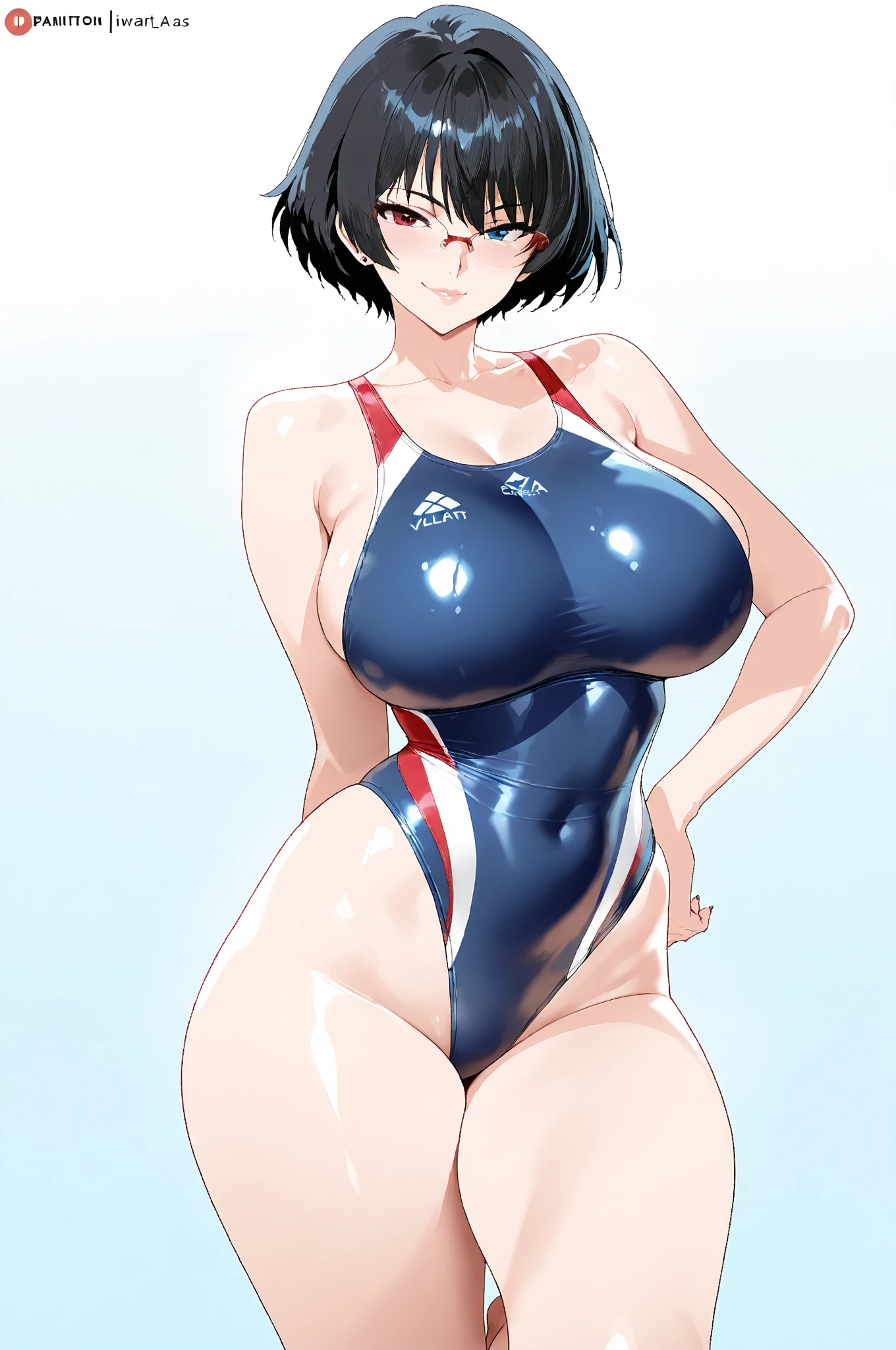 (work of art, offcial art), 1 girl, standing alone, thick, curved, curved, Bblack hair, grey-eyed, short bob, hair clip, Kirigaya Suguha, (Dark blue competitive swimsuit), (fully closed swimsuit),(one piece swimsuit), (close up), portraite, (Breasts huge), standing, view from the front, hinterland, lighting sun, looking ahead at viewer, (trunk), ssmile, seducer, attractive costume, open shoulders