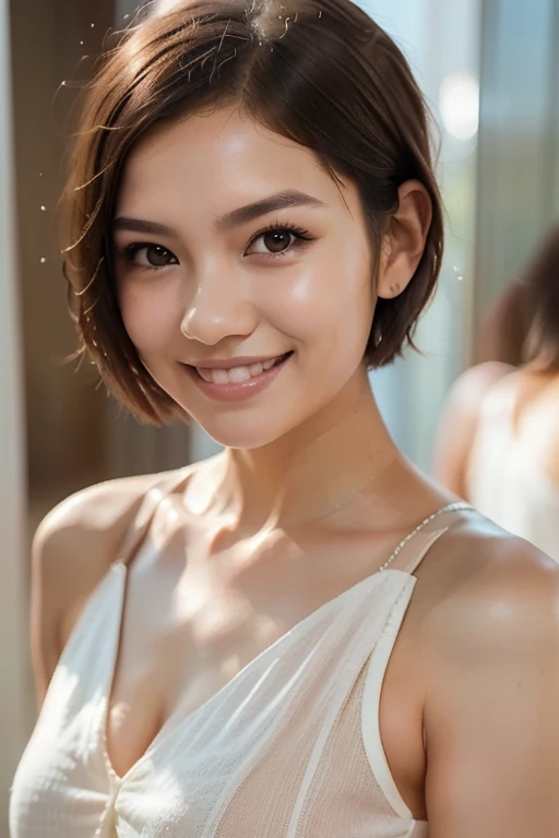(In 8K, highest quality, masterpiece:1.2), (realistic, Photoreal:1.37), Super detailed.skin tight top:1.2, looking at the viewer, cinematic lighting, perfection, soft light, high resolution skins:1.2, realistic skin texture, 20age、small face、No makeup、, off shoulder,(((bust B cup)))、 exposed cleavage, blue eyes, short hair, dark brown hair、full nude、gray background、lie down in bed、Pussy、pubic hair、masturbation、very satisfied face、white teeth、