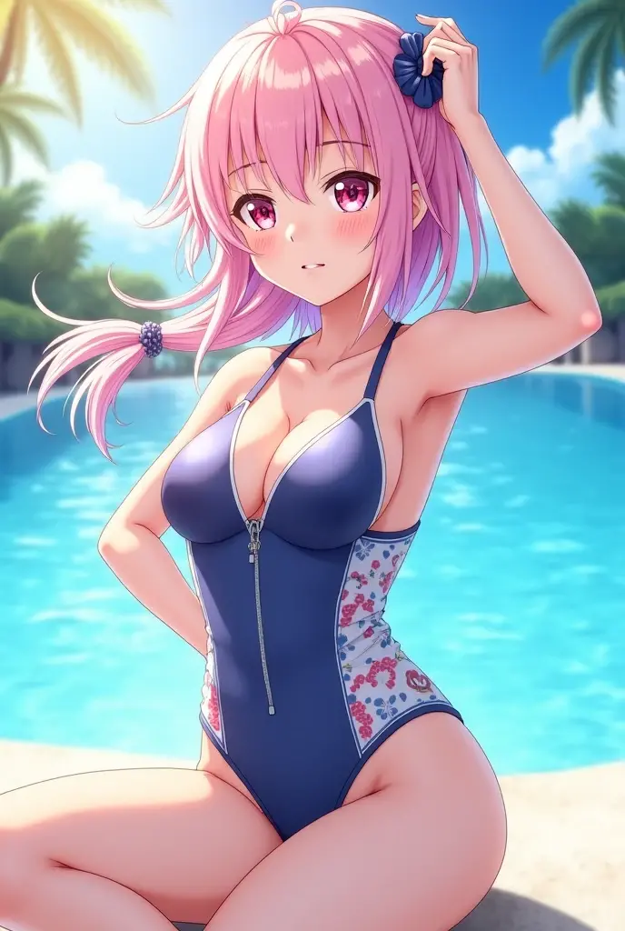 Ultra-high resolution、high resolution、Highest quality、Entire foot and hand、Full Finger、Beautiful woman、1 person、smile、Pink Swimsuit、sprawl、On all fours、Night Pool,Large Breasts