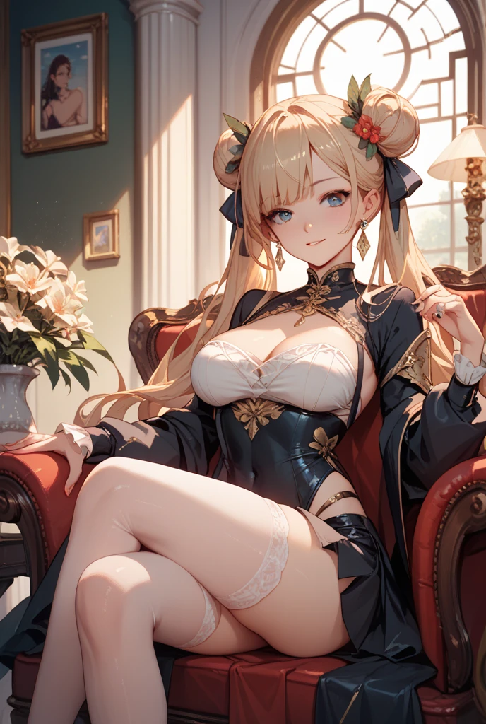 masterpiece, Highest quality, In detail, High resolution, Very delicate and beautiful, Volumetric lighting, Best Shadow, Shallow depth of field, One girl, blonde, (Huge breasts), Double Hair Bun, (China dress), (Cleavage), Pelvic Curtain, (Wide Hips)