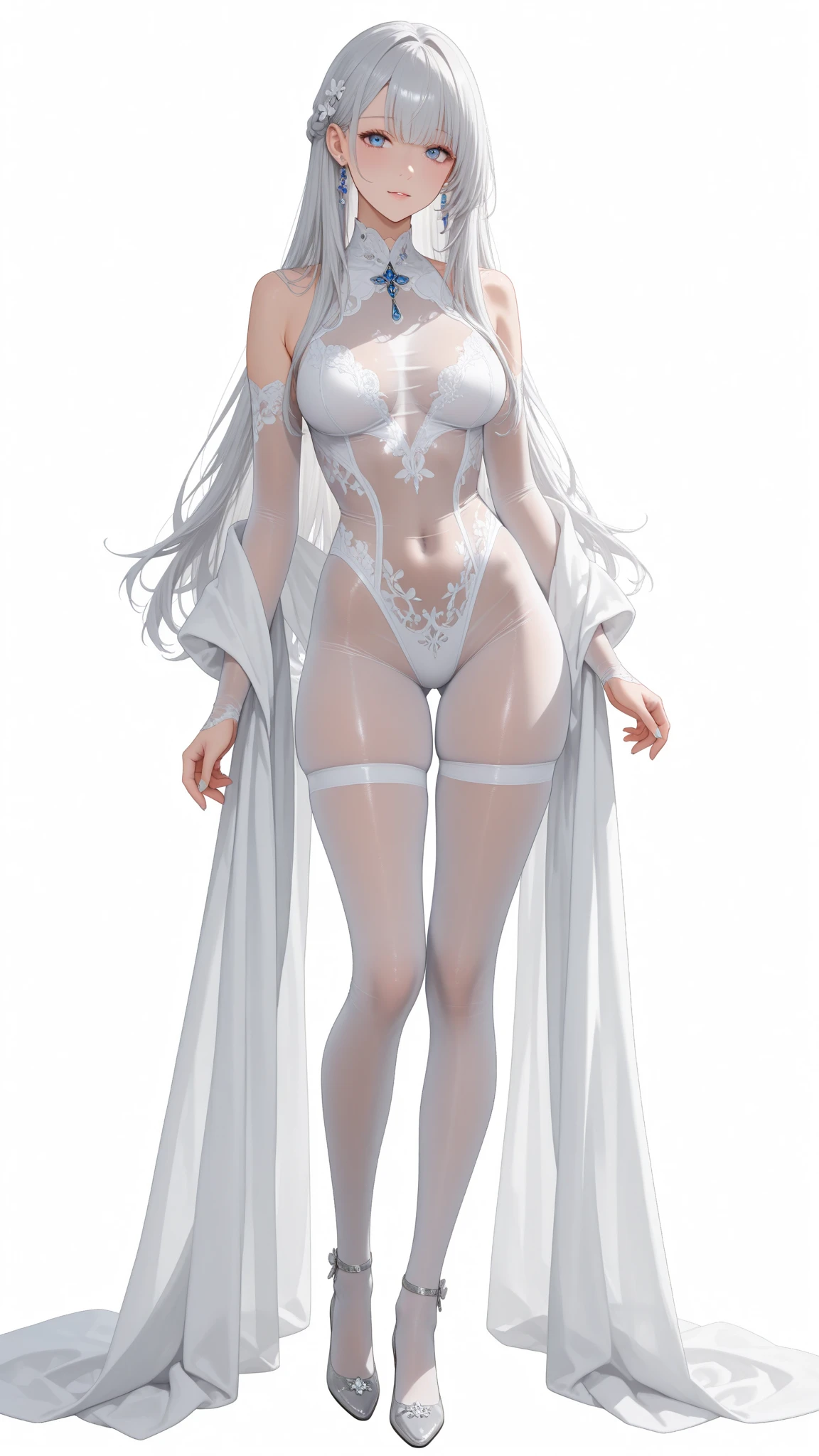 Full body transparent white silk jumpsuit，with fair skin，and hold your head in your hands，Delicate and delicate face，Elaborate Eyes，Clear eyes，Incredibly detailed，，Hairline，16k