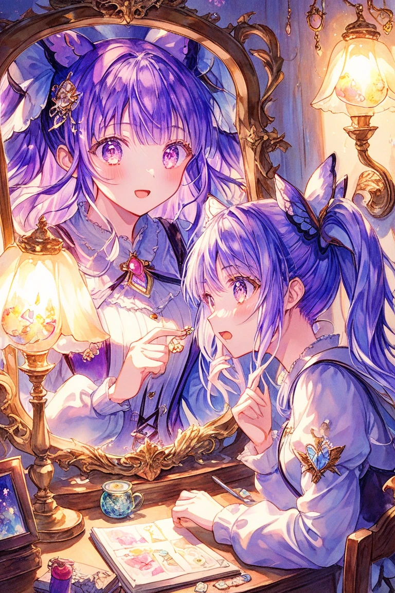 Blue-green hair、poneyTail、verd s eyes、one good looking girl、独奏、animesque、lightly dressed、Plaid miniskirt、a black T-shirt、fullmoon、Meteor swarm、large tree、Glittering starry sky、rainbow butterfly flying、Colorful marbles、sitting on、golden castle、flower petals、thread、Skysky、inside in room、Tea