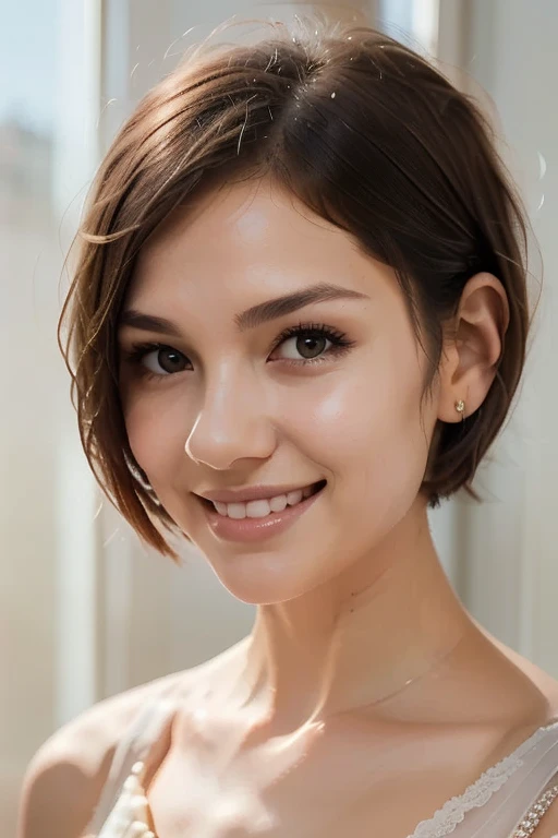 bustshot,  see-through brown strapless bra, 1 Girl with a beautiful face, Beautiful women of Ukraine, (of the highest quality, masutepiece, 超A high resolution, (Photoreal: 1.4), Soft big, Luxurious interior, Beautiful lighting), Smile, Pose Seductive,  Short hair