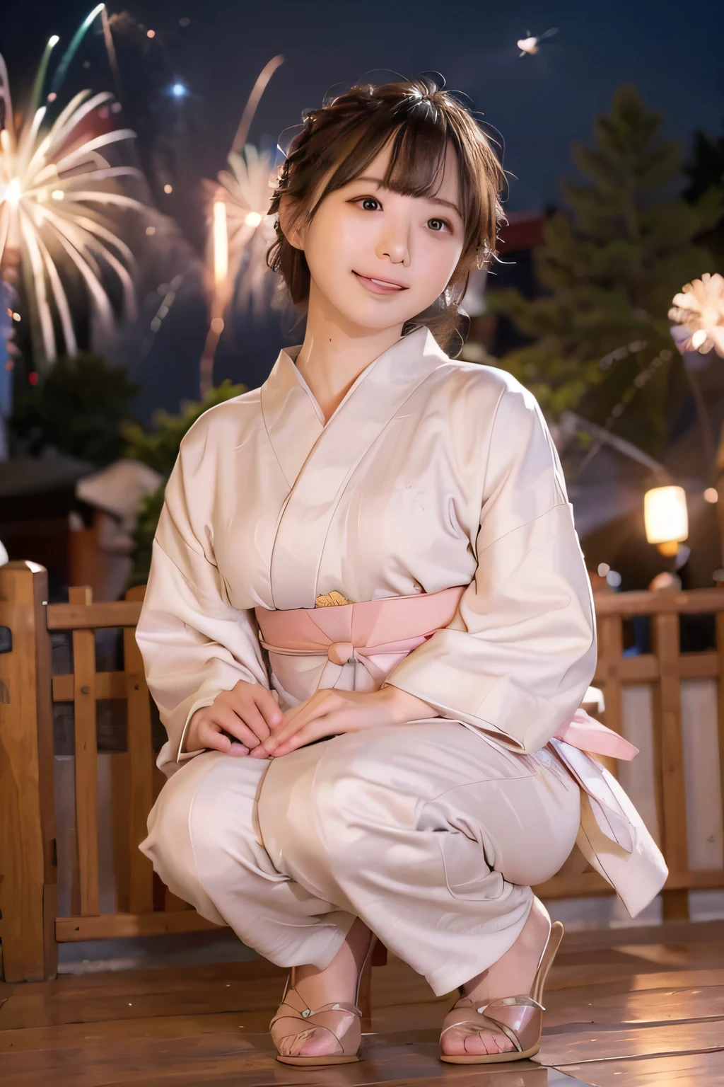 8k, raw photo, best quality, hires, realistic, photorealistic, extremely detailed 8k wallpaper, beautifully detailed eyes, finely detailed face,
 BREAK 
professional lighting, bokeh,
 BREAK 
perfectly anatomically correct:1.0,
5 beautiful thin fingers:1.0,
 BREAK 
the cityscape showcasing summer skyline is in subtle gradients of dusky orange and blue:1.2,
a graceful suspension bridge adorned with random colored bright lights:1.2,

a subtle line of purple near the base spanning the water:0.4, reflecting shimmering gently in the waves:0.4,

the scene capturing a festive atmosphere:0.8,
highlighting vibrant spirit and dynamic energy of the city:0.8,
 BREAK 
1 female,
(a japanese sparkler within own reached arm:1.3, pointing small fireworks at viewer:1.3),
((pale colored japanese yukata)),
squatting,
short bob cut wetty:1.0, kawaii, cute natural anime face:0.8,
symmetrical clear eyes, chocolate color eyes with sparkling highlights,
[symmetrical face line, stereoscopic projection of baby face],
(gentle narrow eyes), wide-set eyes, tareme, [[subtle eye bags], double eyelids],
small round face, rounded jaw, heavy lips, [chiseled face], blush, embarrassed,
[elegant posture], (an aura of mysterious allure),
(a hint of a mischievous smile with slightly opening mouth),
looking back viewer,
curvy thighs:0.6,
 BREAK 
full body,
(from behind:1.0, dynamic back shot:1.0), from below, from side,
soft contrast, soft saturation, diagonal composition, with wide lens,