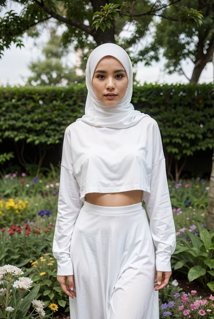 RAW, Best quality, high resolution, masterpiece: 1.3), beautiful Malay woman in hijab,Masterpiece, perfect slim fit body, (big breastig gorgeous eyes, Soft smile, wear a light grey very tight shirt & very tight transparent leggings, necklace, shairband, afternoon walk, City garden, Excellent lighting, Bright colors, Clean lines. ultra realistic,hyper realistic