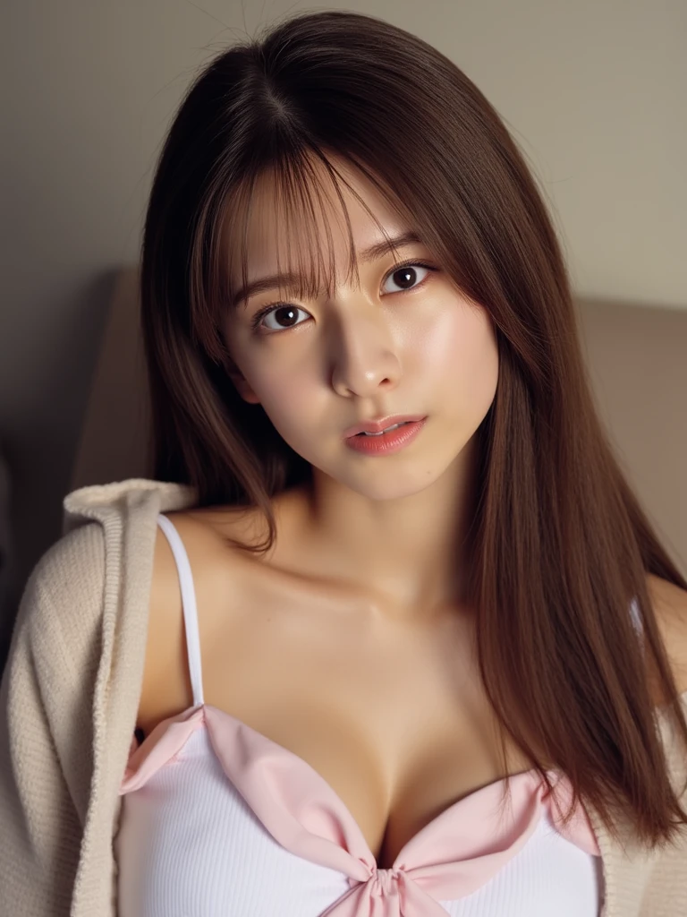 best quality, face focus, soft light, ultra high res, (photorealistic:1.4), RAW photo,
1japanese girl, solo, cute, (pupil, lights in the eyes),  detailed beautiful face, (small chest),(high resolution detail of human skin texture),
(long hair),
indoor,
Damask Shirt Dress,
(portrait)
