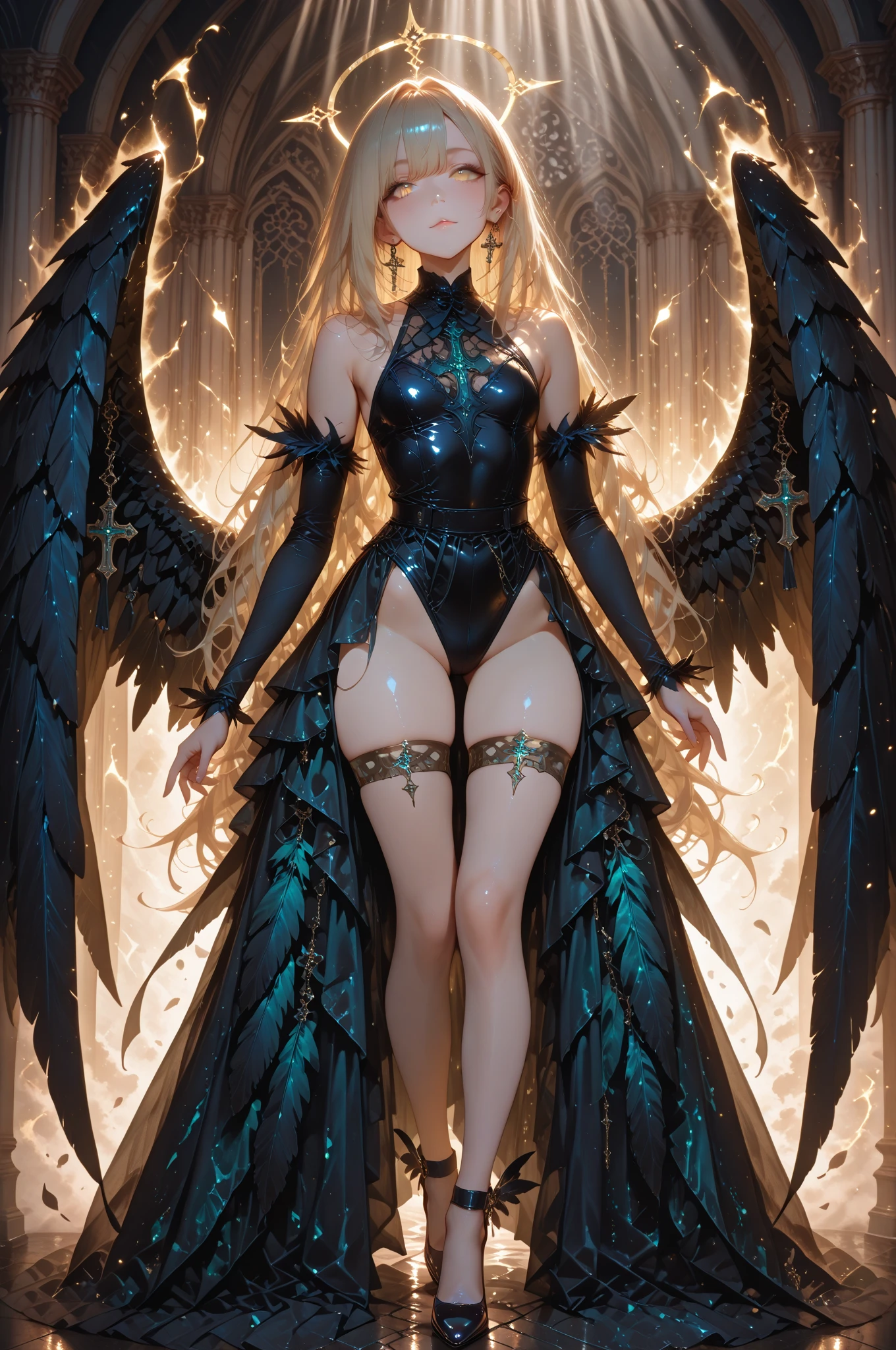 Polychrome,, night, dark, blonde, Show Viewer, In-person audience, Limited Edition Palette, Black background, Shine,(Highly detailed CG Unity 8k wallpaper),(masterpiece), (Highest quality), (Vaporwave Style), (Super detailed), (Best illustrations),(Best Shadow),Perfect lighting , Perfect Anatomy , Vibrant colors、fly with wings、
