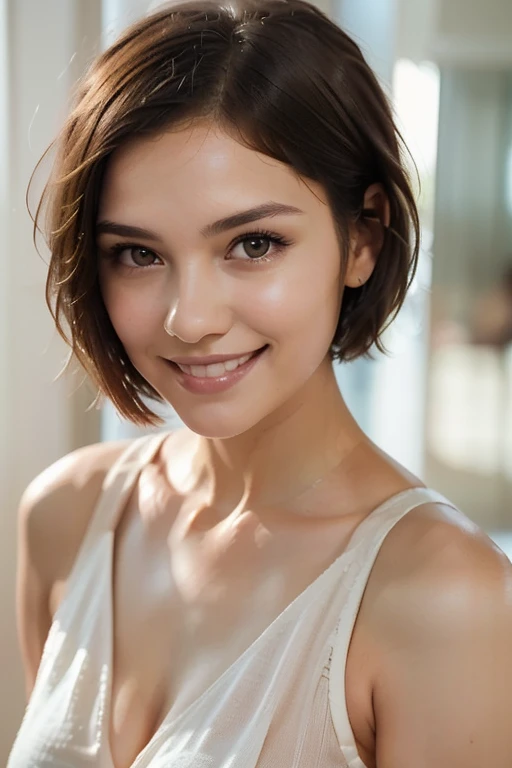 Short-haired boyish shorthair lingerie Brown hair Colossal tits A big smile